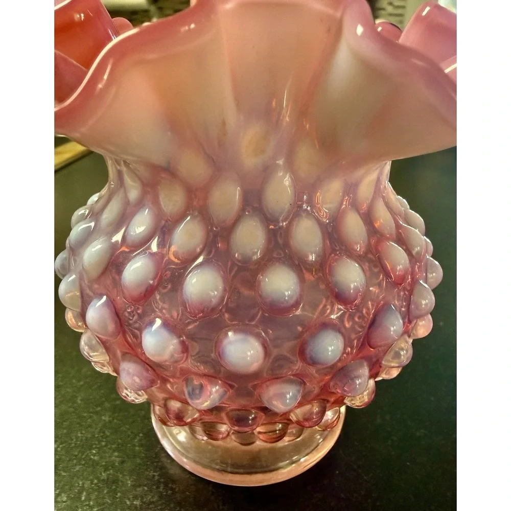 Pair Fenton Cranberry Opalescent Hobnail Rose Bowl Vases – Ruffled Edge – Vtg